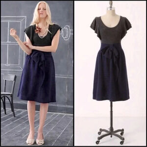 Anthropologie MOTH Curtain Call Blue/Grey Stripe Flutter Sleeve Wool Blend Dress